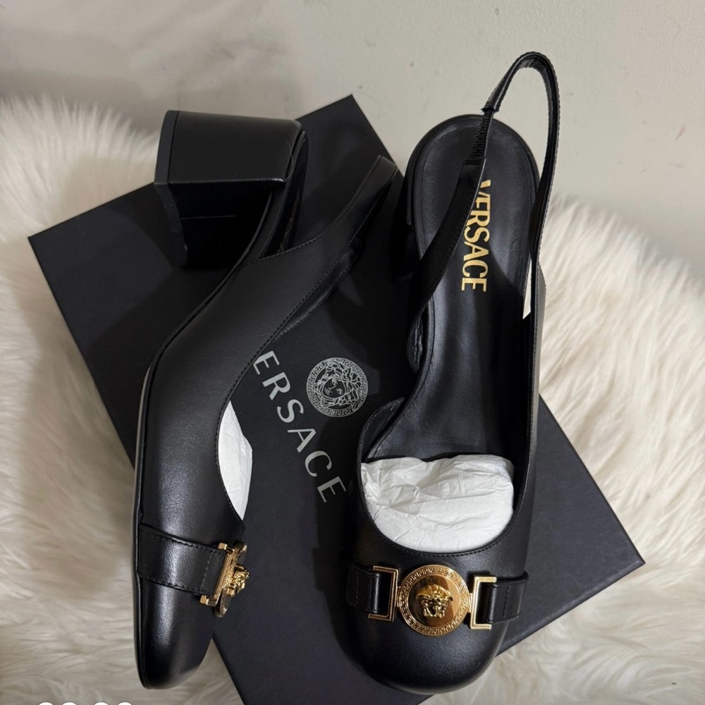 Versace Black Slingback Shoes with Gold Accent, NIB Size 39 / US 9
